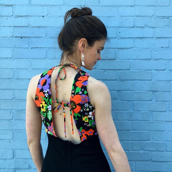 Vintage 1970's Floral & Black Halter Maxi Dress - Picture 4 of 4